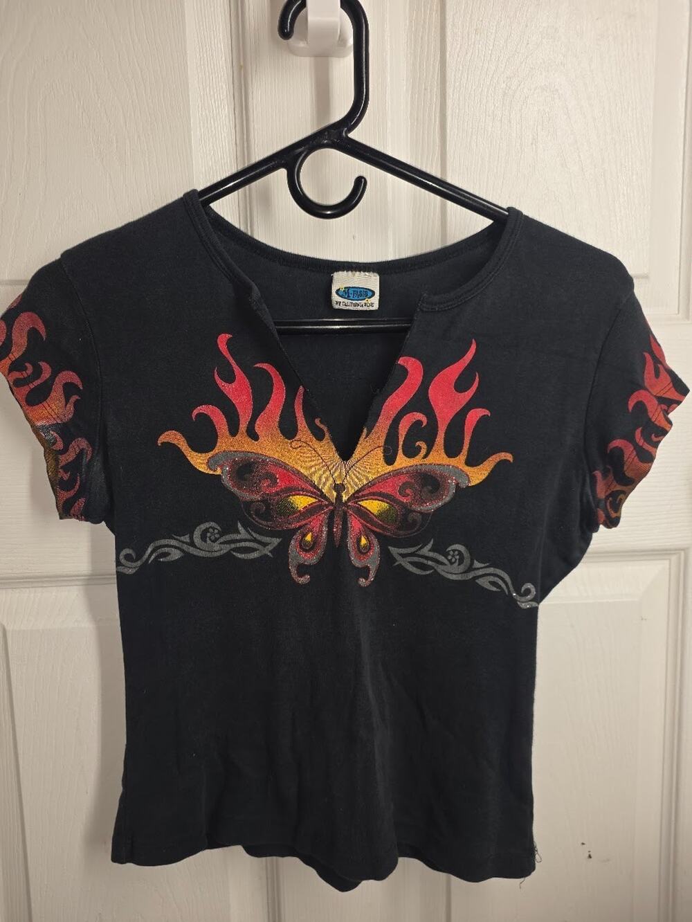 Vintage Y2K Butterfly Flame Baby Tee Black Goth Fairy Grunge Biker Med USA